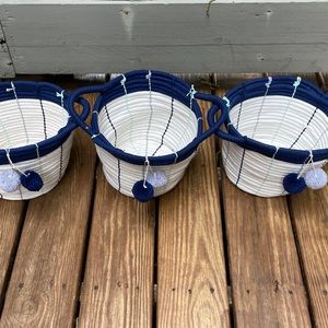 Pillowfort Cream & Navy Woven Cord PomPom Baskets 7” Diameter SET of 3
